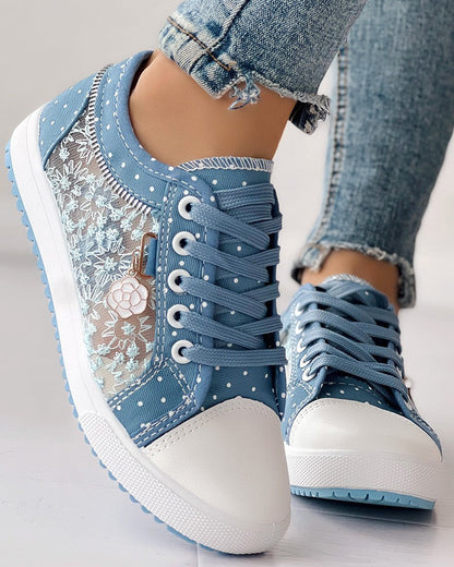 Calista | Denim Lace-Up Sneakers – Breathable Floral Mesh Design