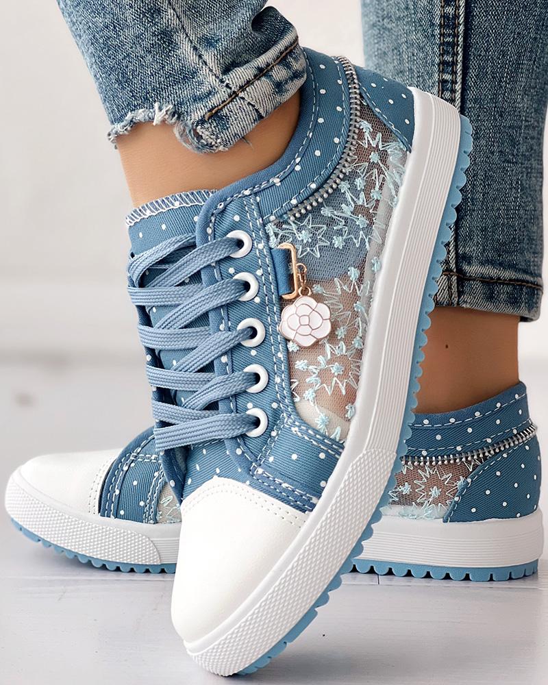 Calista | Denim Lace-Up Sneakers – Breathable Floral Mesh Design