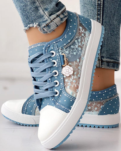 Calista | Denim Lace-Up Sneakers – Breathable Floral Mesh Design
