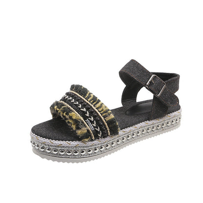 Orthopedic Balance Denim Sandals With Fringe, Ethnic And Unique Style For Summer
