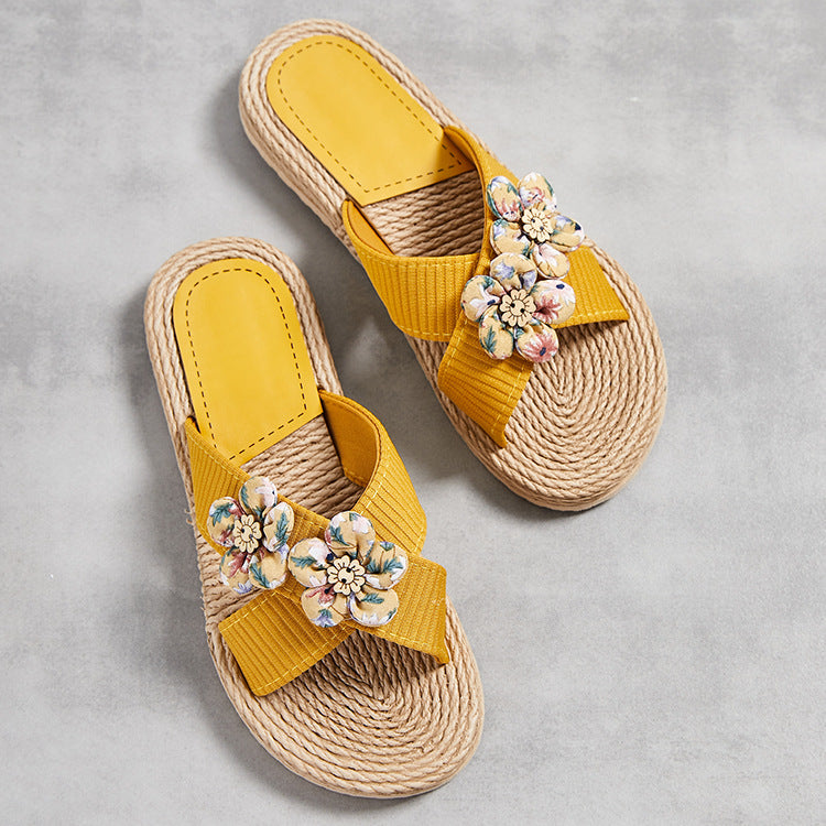 Orthopedic Balance Floral Rhinestone Raffia Slide Sandals