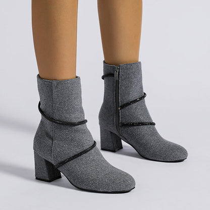 Orthopedic Balance Mid-Heel Boots With Rhinestone Chain - Unique And Elegant