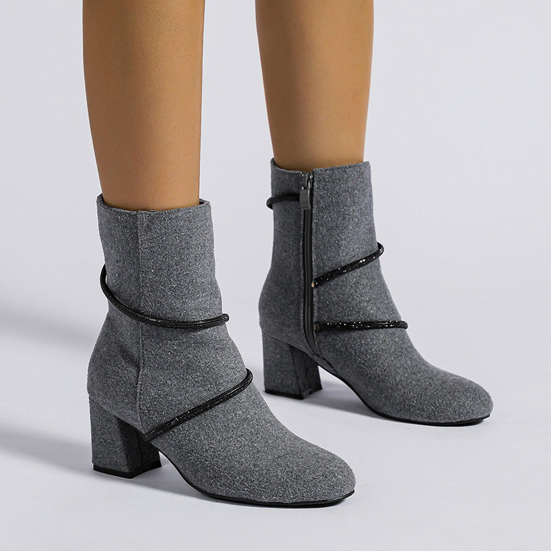 Orthopedic Balance Mid-Heel Boots With Rhinestone Chain - Unique And Elegant