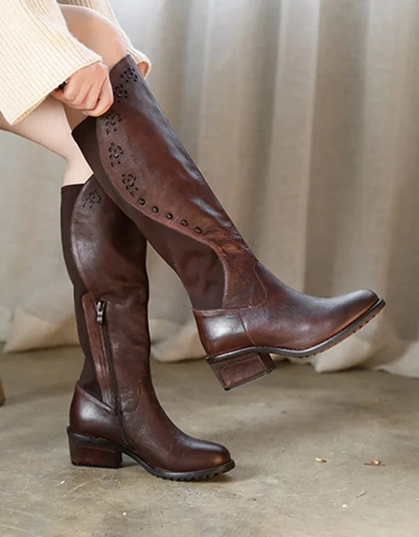 Henley | Embossed Floral Leather Knee-High Western Boots
