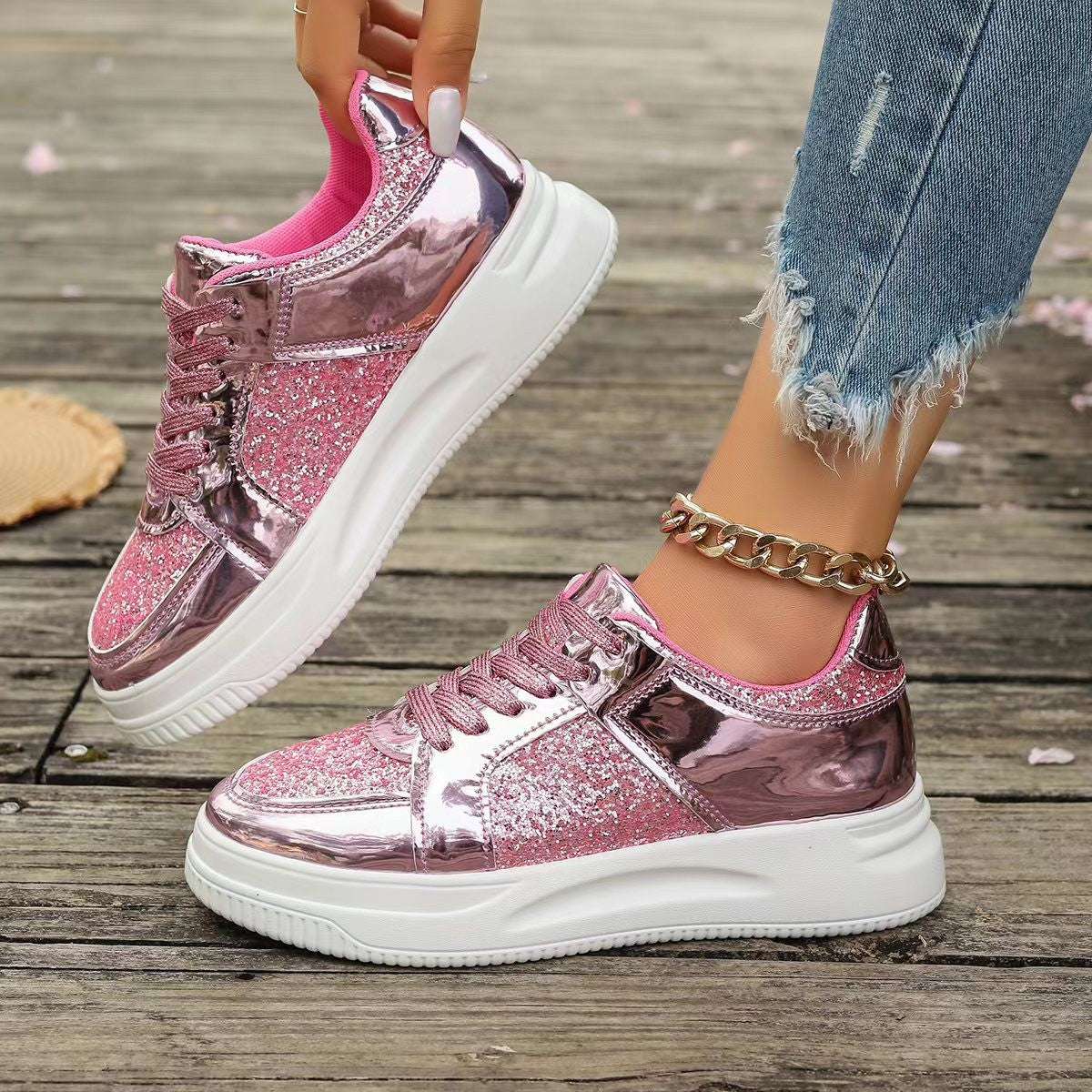 Orthopedic Balance Unique Sequined Lace-Up Flat Shoes