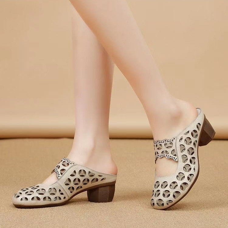 Orthopedic Balance Women’s Vintage Cut-Out Heeled Mules – Breathable Comfort Slip-On Shoes