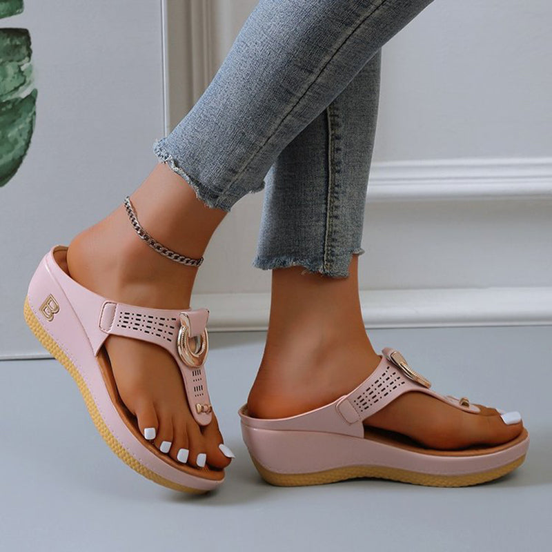 Orthopedic Balance High Heel Thong Sandals With Metallic Decorations