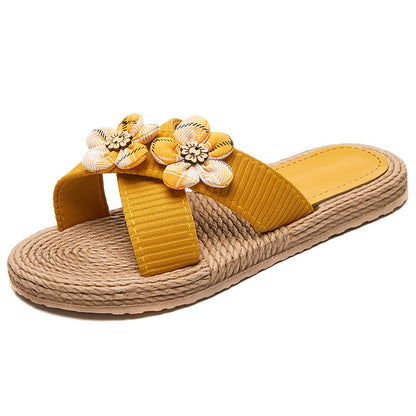 Orthopedic Balance Floral Rhinestone Raffia Slide Sandals
