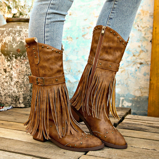 Laura | Western Fringe Mid-Calf Boots