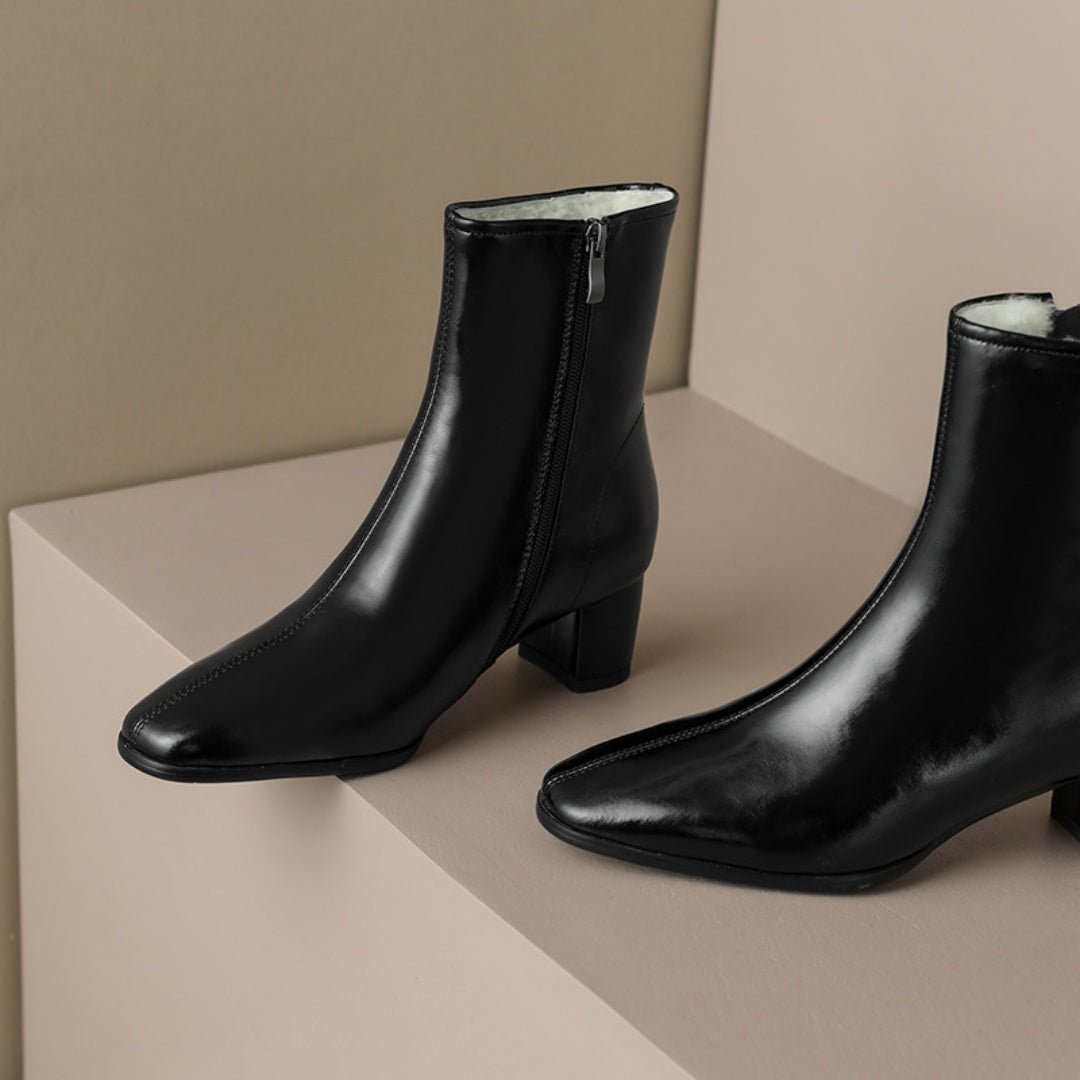 Celeste | Fur-Lined Side-Zip Leather Block Heel Boots