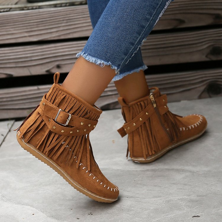 Orthopedic Balance Retro Flat Boots - Buckle Fringe Style