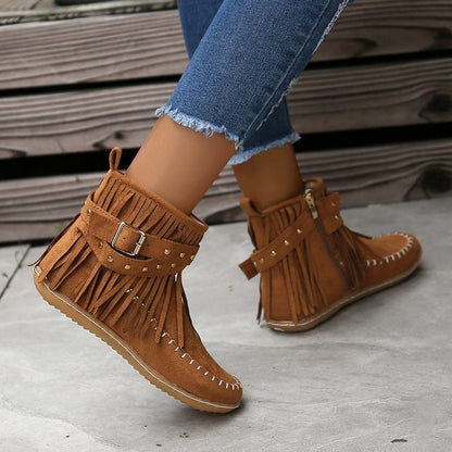 Orthopedic Balance Retro Flat Boots - Buckle Fringe Style