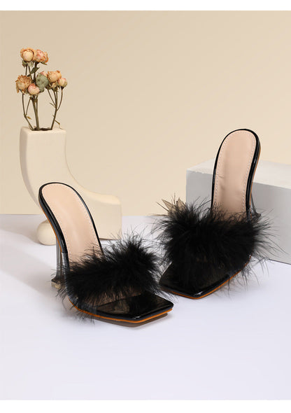 Orthopedic Balance Crystal And Fur Stiletto Heel Sandals