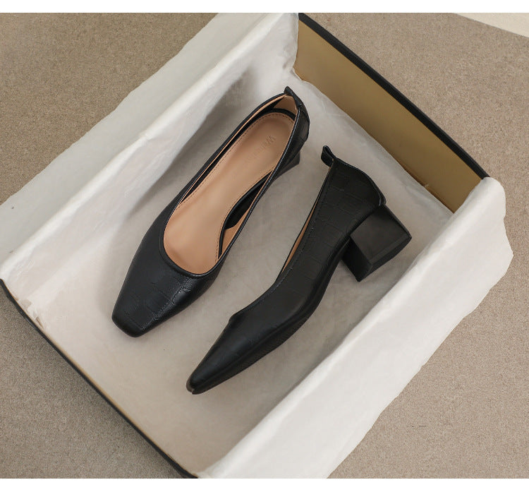 Women’s Square-Toe Block Heel Pumps – Classic Textured Low Heels