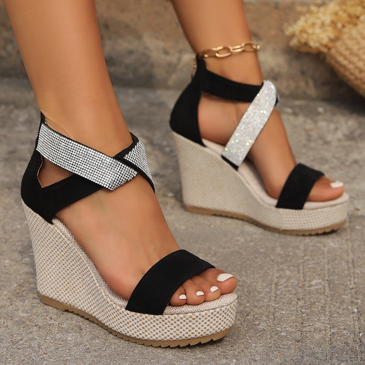Orthopedic Balance High-Heeled Sandals With Rhinestone Design - Summer Uniqueness