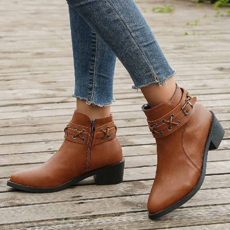 Orthopedic Balance Leather Ankle Boots - Thick Heel Zip