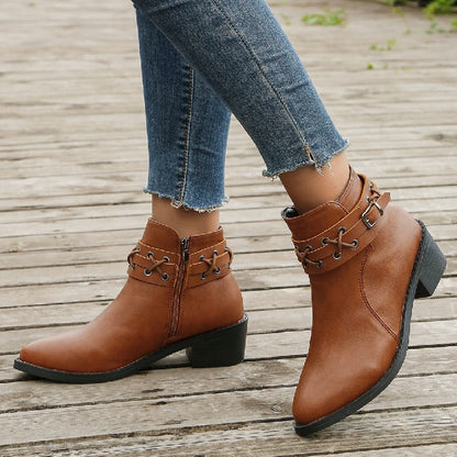 Orthopedic Balance Leather Ankle Boots - Thick Heel Zip