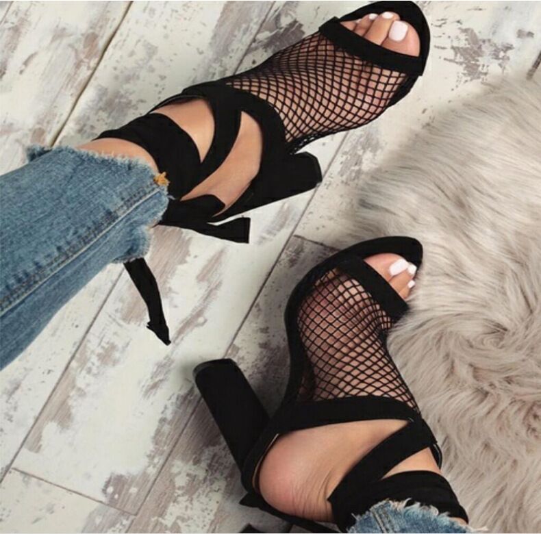 NoirLace | Bandage Block Heel Sandals with Mesh Detail