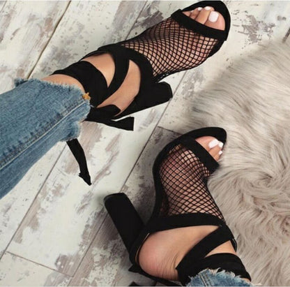 NoirLace | Bandage Block Heel Sandals with Mesh Detail