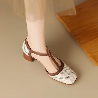 Quiana | Women’s Orthopedic Woven T-Strap Block Heel Pumps