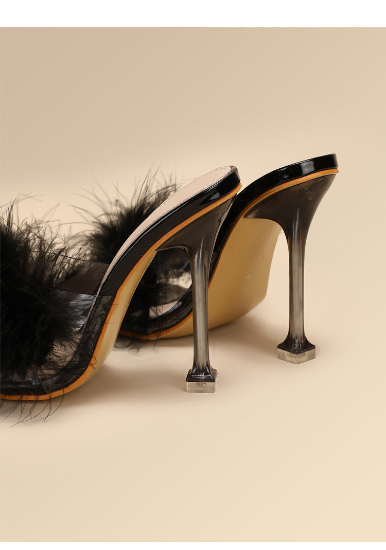 Orthopedic Balance Crystal And Fur Stiletto Heel Sandals