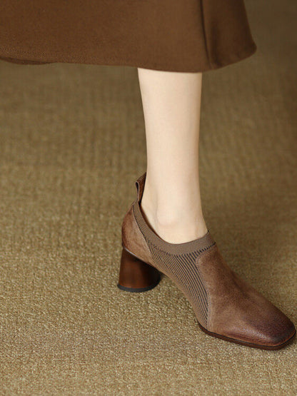 Orthopedic Balance Square High Leather Heels With A Unique Patchwork Design