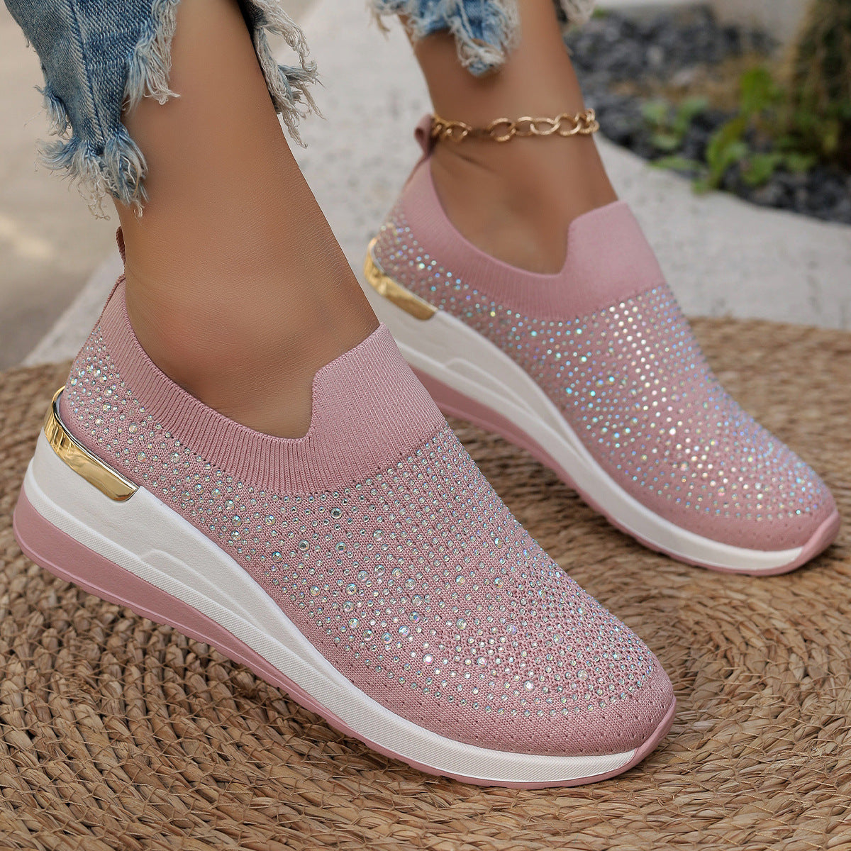 Orthopedic Balance Rhinestone Slip-On Sneakers – Sparkly Lightweight Walking Shoes