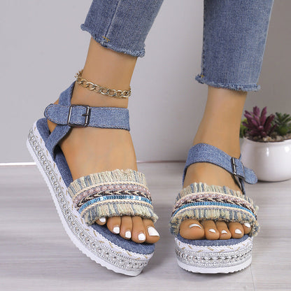 Orthopedic Balance Denim Sandals With Fringe, Ethnic And Unique Style For Summer