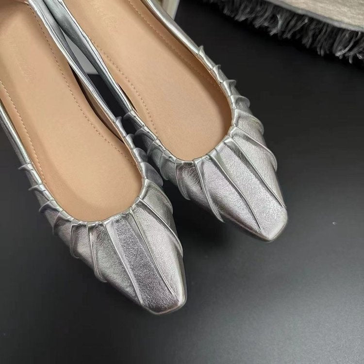 Orthopedic Balance Women’s Metallic Pleated Flats – Elegant Pointed Toe Comfort Shoes
