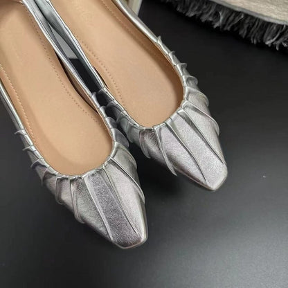 Orthopedic Balance Women’s Metallic Pleated Flats – Elegant Pointed Toe Comfort Shoes