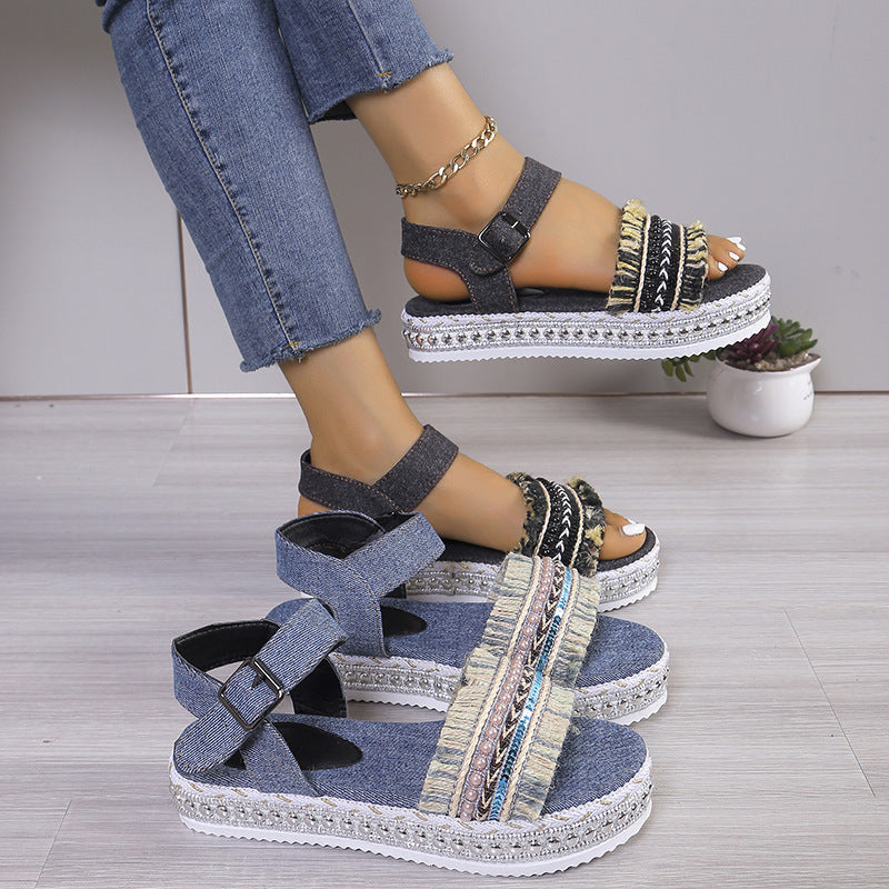 Orthopedic Balance Denim Sandals With Fringe, Ethnic And Unique Style For Summer