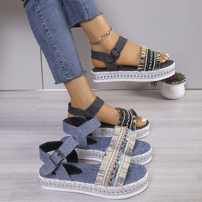 Orthopedic Balance Denim Sandals With Fringe, Ethnic And Unique Style For Summer