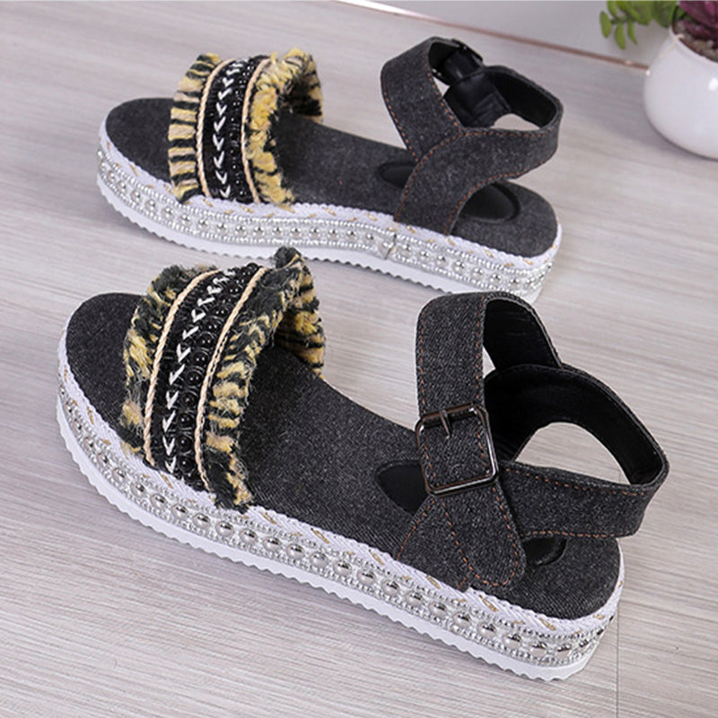 Orthopedic Balance Denim Sandals With Fringe, Ethnic And Unique Style For Summer