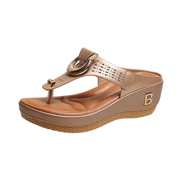 Orthopedic Balance High Heel Thong Sandals With Metallic Decorations