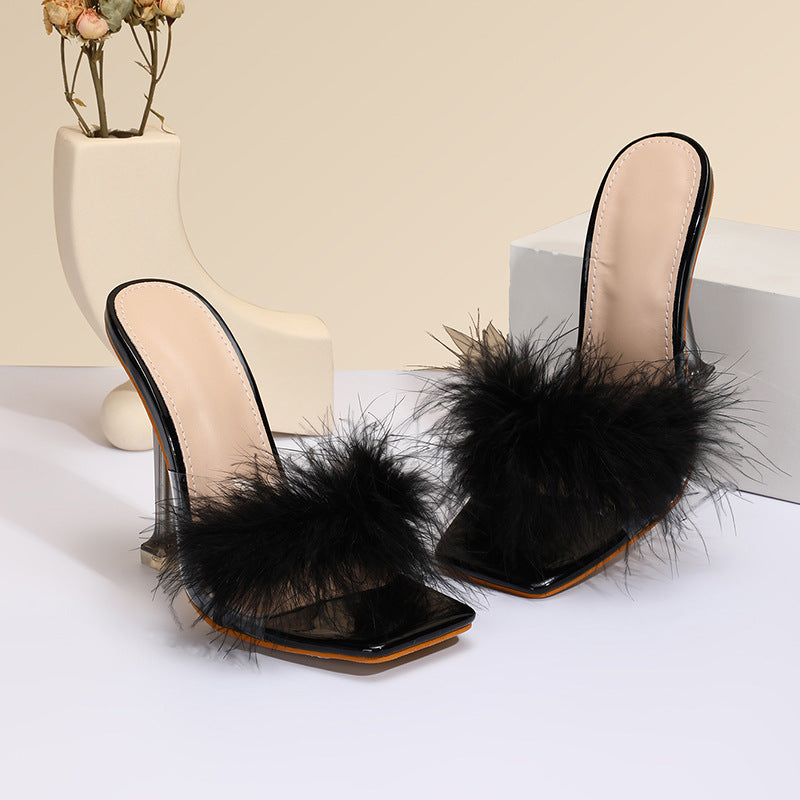 Orthopedic Balance Crystal And Fur Stiletto Heel Sandals