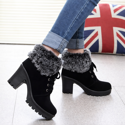 Juliette | Fur-Collar Lace-Up Block Heel Winter Boots
