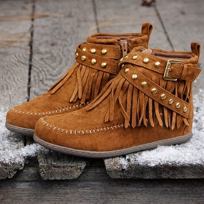 Orthopedic Balance Retro Flat Boots - Buckle Fringe Style
