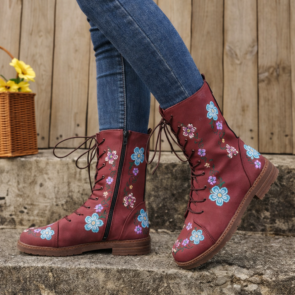 Orthopedic Balance Embroidered Square Heel Boots - Comfort Fit