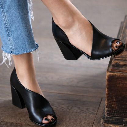 Adeline | Chic Open-Toe Leather Block Heel Sandals with Orthopedic Cushion Support