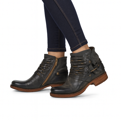 Riven | Distressed Charcoal Wrapped-Strap Ankle Boots
