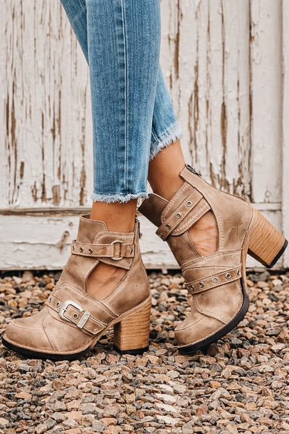 Taylen | Distressed Cutout Buckle Block-Heel Booties