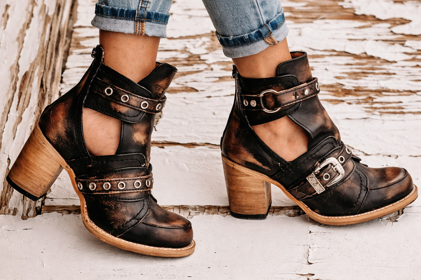 Taylen | Distressed Cutout Buckle Block-Heel Booties