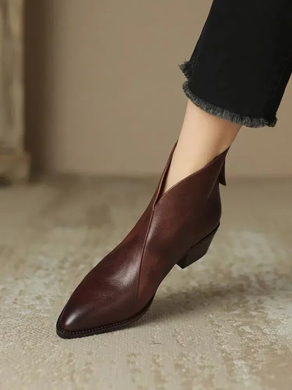 Daffodil | Pointed-Toe Leather Ankle Boots with Block Heel