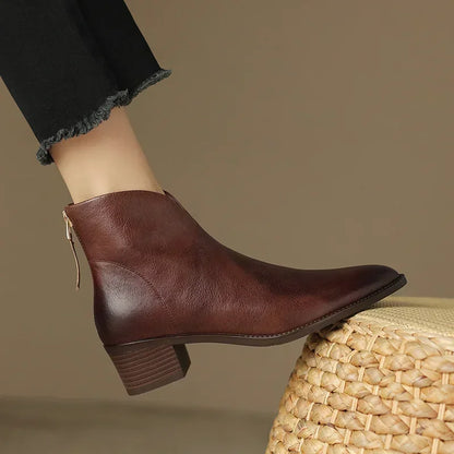 Daffodil | Pointed-Toe Leather Ankle Boots with Block Heel