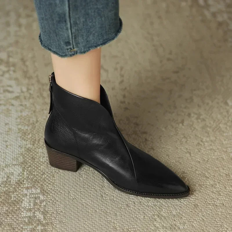 Daffodil | Pointed-Toe Leather Ankle Boots with Block Heel