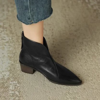 Daffodil | Pointed-Toe Leather Ankle Boots with Block Heel