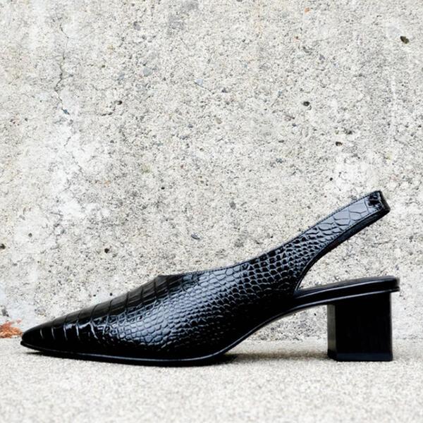 Calla | Pointed-Toe Slingback Pumps – Croc-Embossed Block Heel Shoes