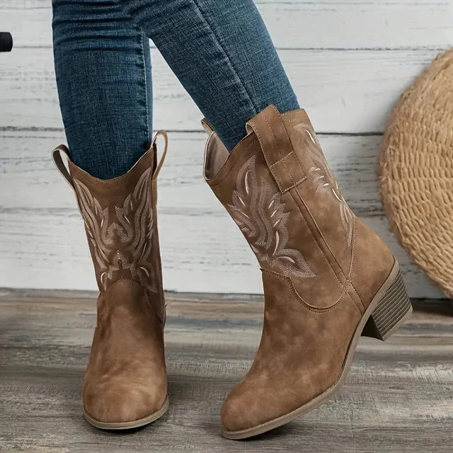Orthopedic Balance Embroidered Western Boots - Chunky Heel