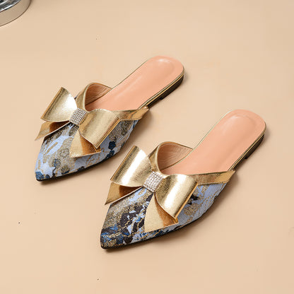 Orthopedic Balance | Metallic Bow Pointed Toe Mule Flats