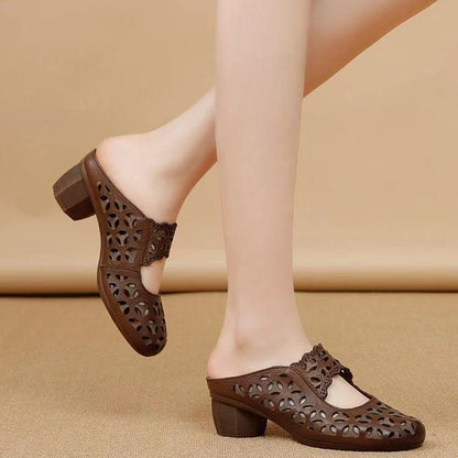 Orthopedic Balance Women’s Vintage Cut-Out Heeled Mules – Breathable Comfort Slip-On Shoes